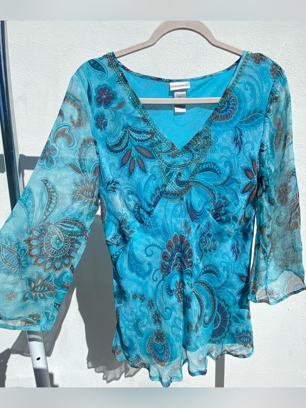Y2K 100% Silk Blue Paisley Beaded Fairy Blouse Size L/XL